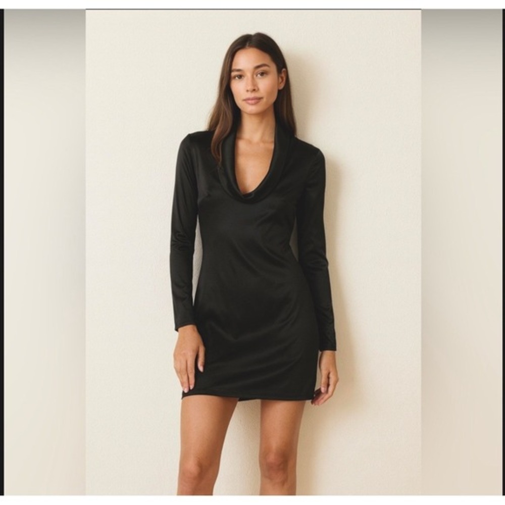 Hugo Buscati Black 96% Silk‎ Blend Stretch Cowl Neck Dress Long Sleeve Size 2